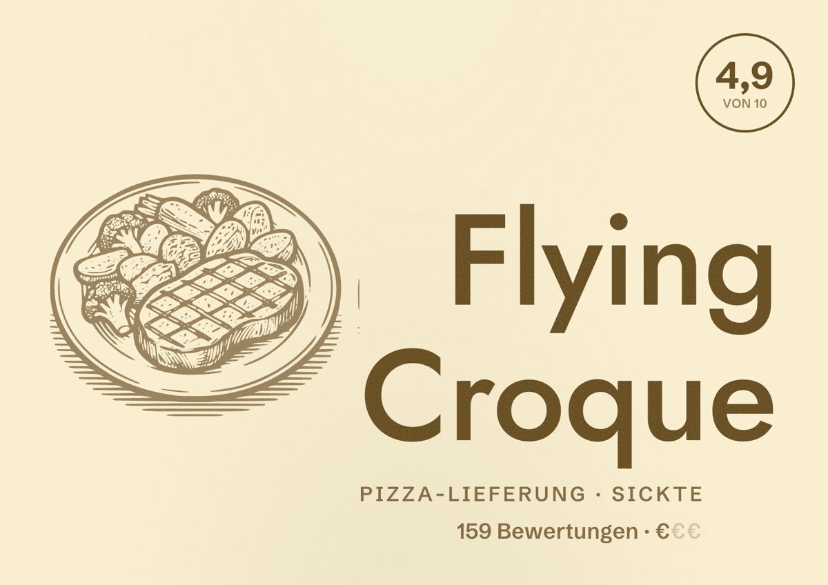 Illustriertes Poster von Flying Croque, Pizza-Lieferung in Sickte: Bewertung 4,9 von 10 aus 159 Bewertungen, Preisniveau €