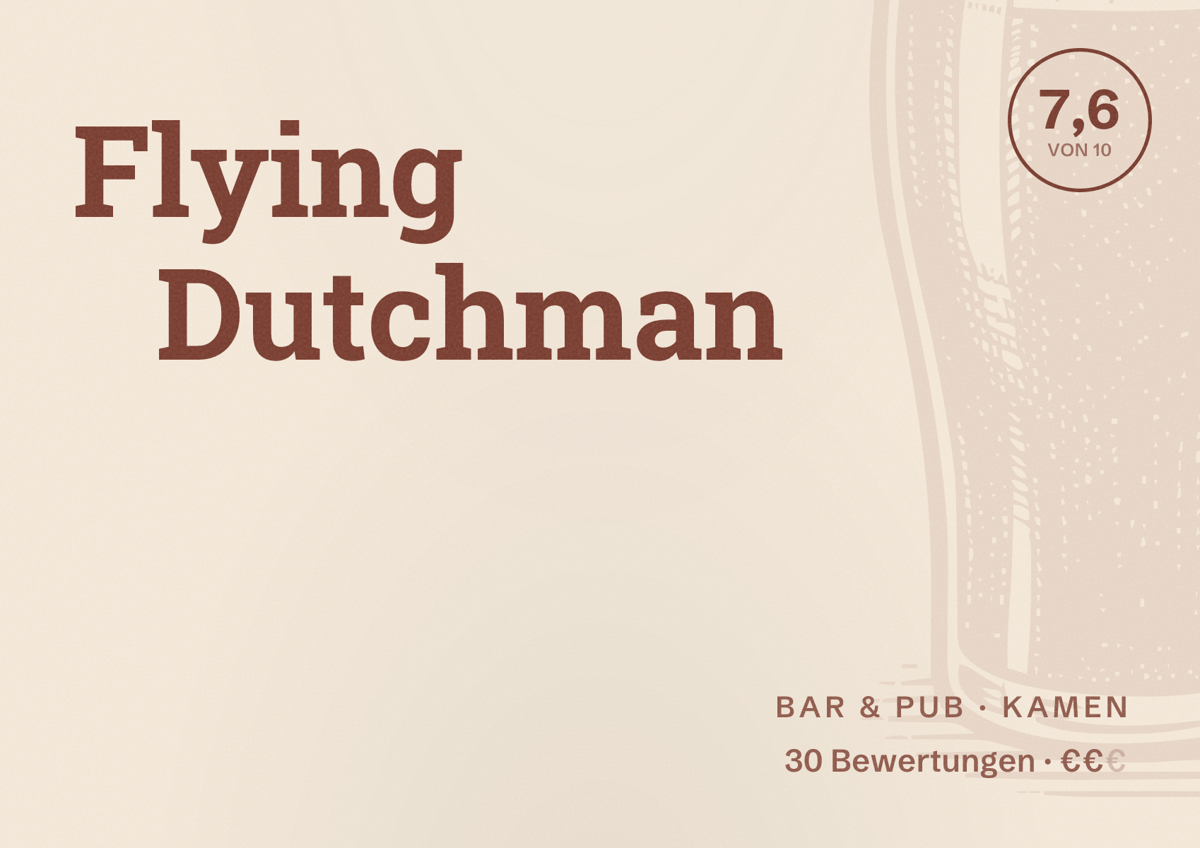 Illustriertes Poster von Flying Dutchman, Bar & Pub in Kamen: Gästebewertung 7,5 von 10 aus 30 Bewertungen