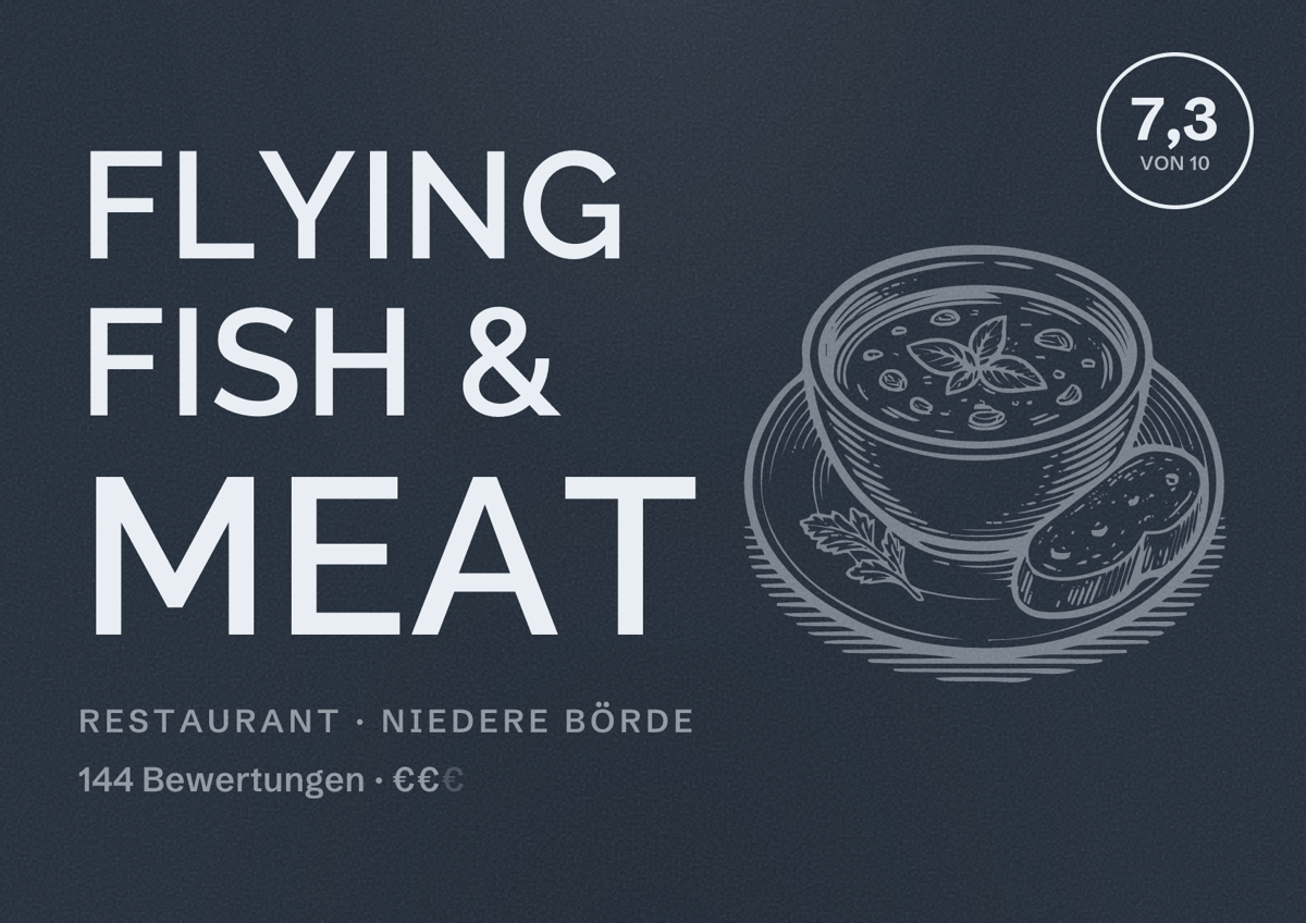 Illustriertes Poster von Flying Fish & Meat, Restaurant in Niedere Börde: Bewertung 7,3 von 10 aus 144 Bewertungen, Preisniveau €€
