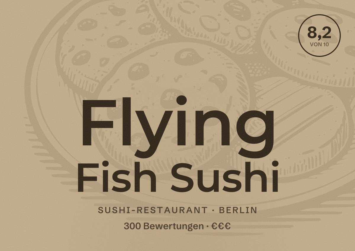 Illustriertes Poster von Flying Fish Sushi, Sushi-Restaurant in Berlin: Bewertung 8,2 von 10 aus 300 Bewertungen, Preisniveau €€€