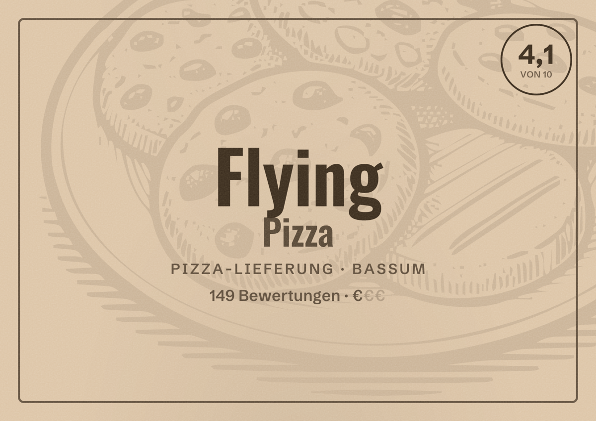 Illustriertes Poster von Flying Pizza, Pizza-Lieferung in Bassum: Bewertung 4,1 von 10 aus 149 Bewertungen, Preisniveau €