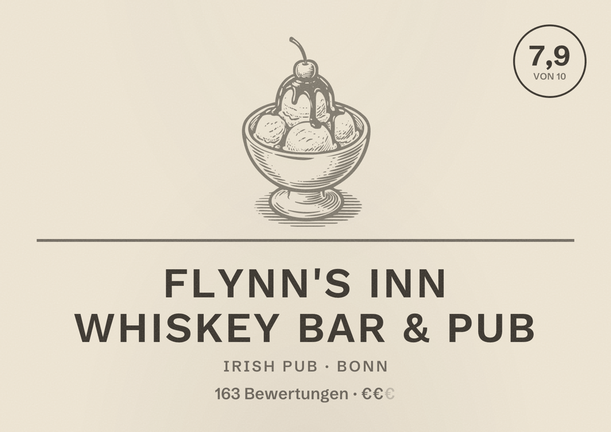 Illustriertes Poster von Flynn's Inn Whiskey Bar & Pub, Irish Pub in Bonn: Bewertung 7,9 von 10 aus 163 Bewertungen, Preisniveau €€