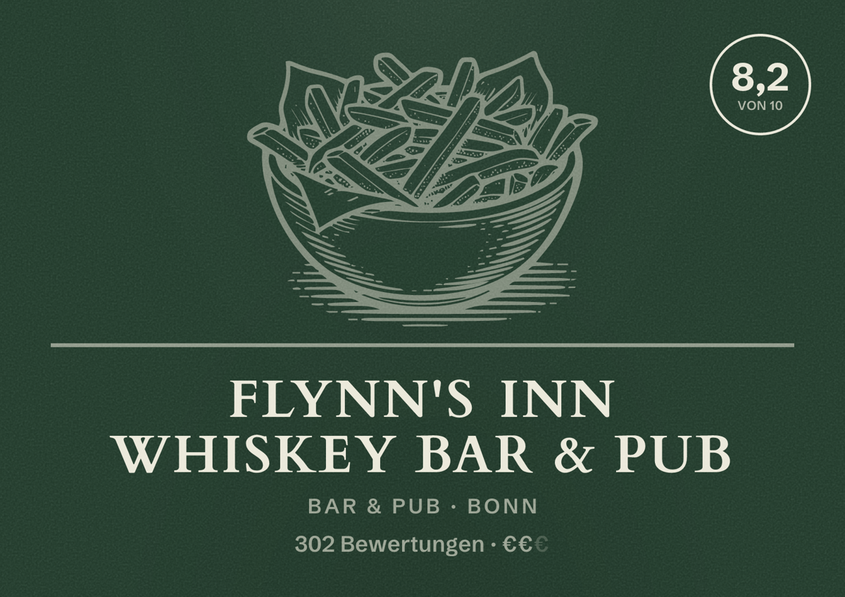 Illustriertes Poster von Flynn's Inn Whiskey Bar & Pub, Bar & Pub in Bonn: Bewertung 8,2 von 10 aus 302 Bewertungen, Preisniveau €€