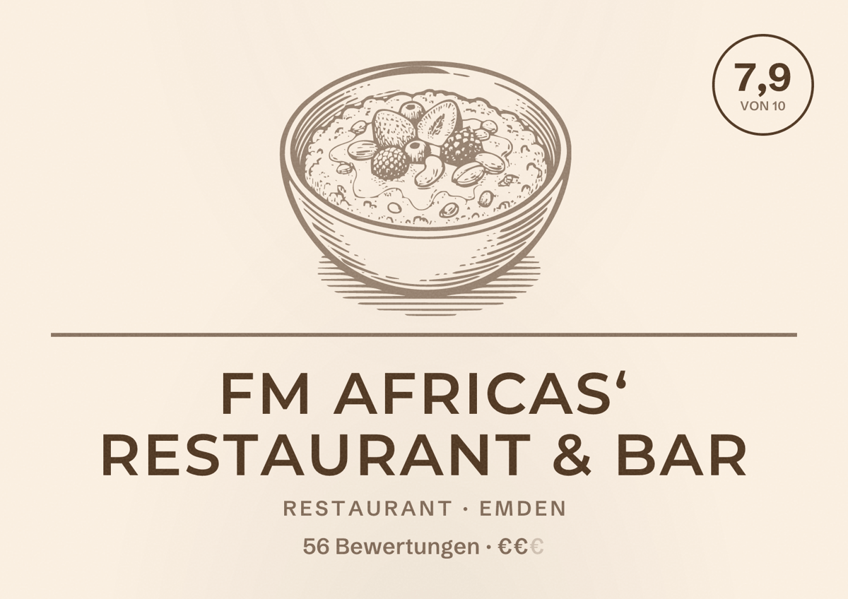 Illustriertes Poster von FM Africas‘ Restaurant & Bar, Restaurant in Emden: Bewertung 7,9 von 10 aus 56 Bewertungen, Preisniveau €€