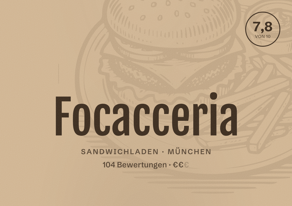 Illustriertes Poster von Focacceria, Sandwichladen in München: Bewertung 7,8 von 10 aus 104 Bewertungen, Preisniveau €€