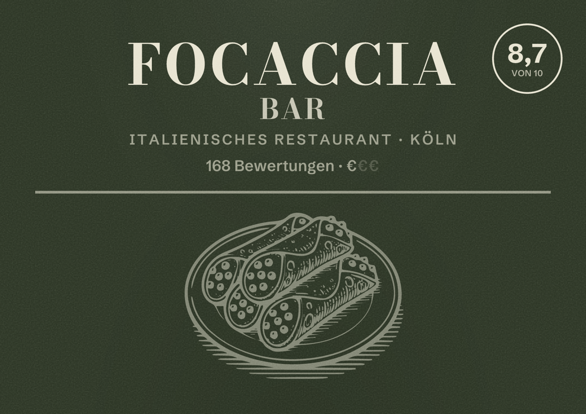 Illustriertes Poster von Focaccia Bar, Italienisches Restaurant in Köln: Bewertung 8,7 von 10 aus 168 Bewertungen, Preisniveau €