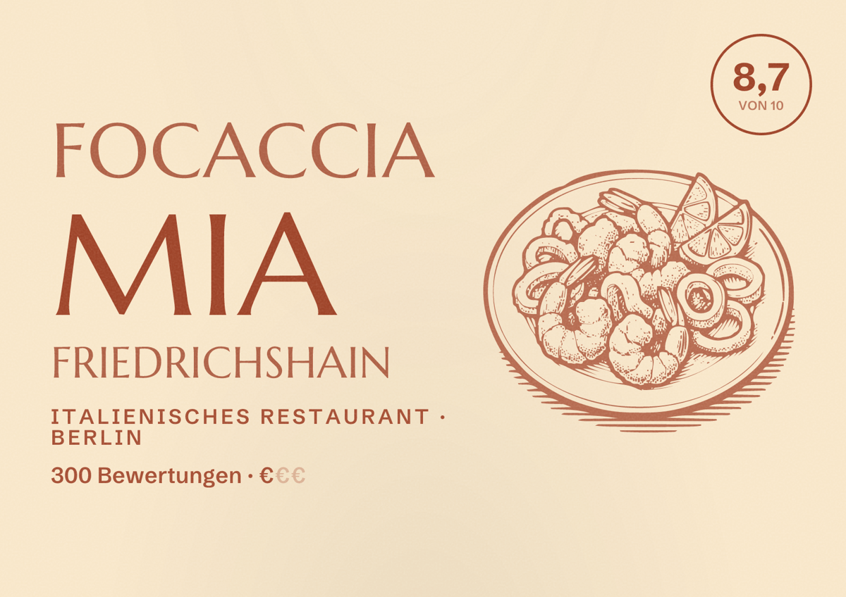 Illustriertes Poster von Focaccia Mia Friedrichshain, Italienisches Restaurant in Berlin: Bewertung 8,7 von 10 aus 300 Bewertungen, Preisniveau €