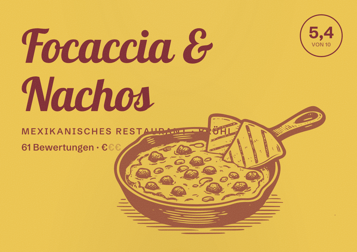 Illustriertes Poster von Focaccia & Nachos, Mexikanisches Restaurant in Brühl: Bewertung 5,4 von 10 aus 61 Bewertungen, Preisniveau €