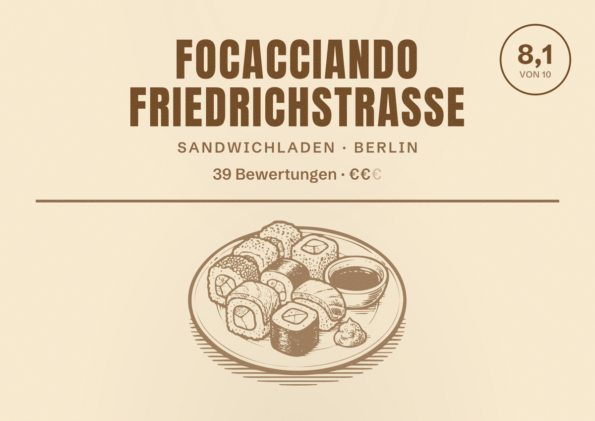 Illustriertes Poster von Focacciando Friedrichstraße, Sandwichladen in Berlin: Bewertung 8,1 von 10 aus 39 Bewertungen, Preisniveau €€
