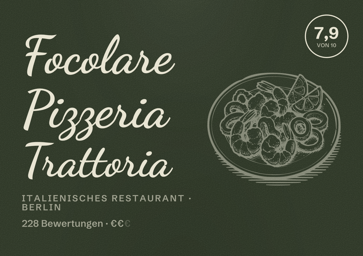 Illustriertes Poster von Focolare Pizzeria Trattoria, Italienisches Restaurant in Berlin: Bewertung 7,9 von 10 aus 228 Bewertungen, Preisniveau €€