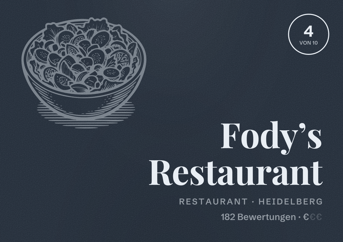 Illustriertes Poster von Fody’s Restaurant, Restaurant in Heidelberg: Bewertung 4 von 10 aus 182 Bewertungen, Preisniveau €