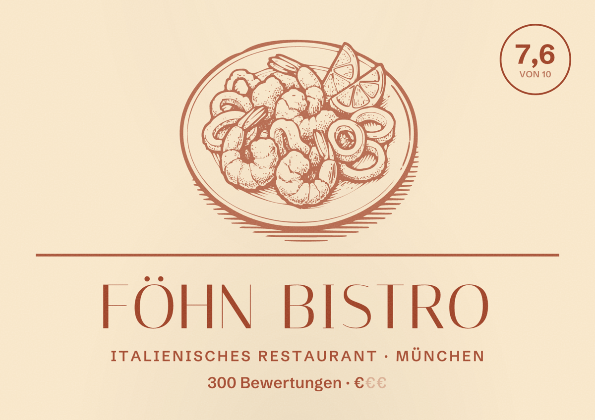 Illustriertes Poster von Föhn Bistro, Italienisches Restaurant in München: Bewertung 7,6 von 10 aus 300 Bewertungen, Preisniveau €