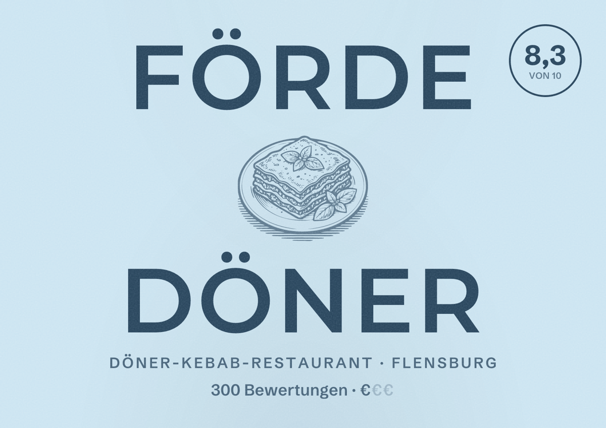 Illustriertes Poster von Förde Döner, Döner-Kebab-Restaurant in Flensburg: Bewertung 8,3 von 10 aus 300 Bewertungen, Preisniveau €