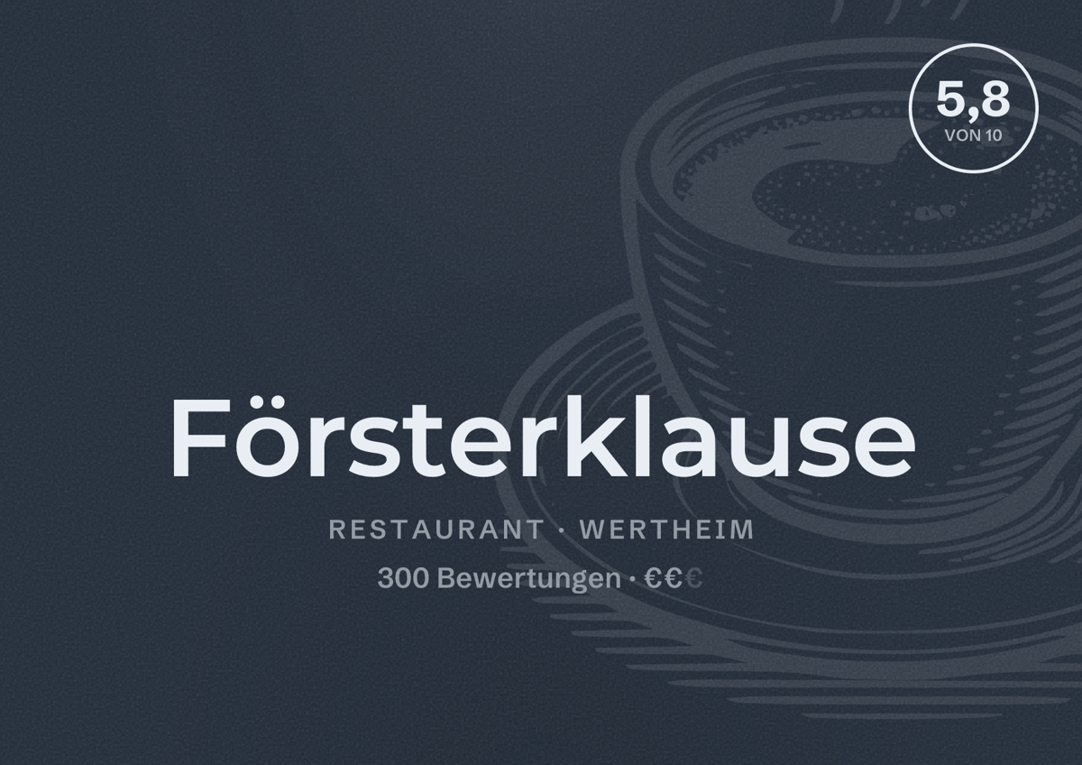 Illustriertes Poster von Försterklause, Restaurant in Wertheim: Bewertung 5,8 von 10 aus 300 Bewertungen, Preisniveau €€