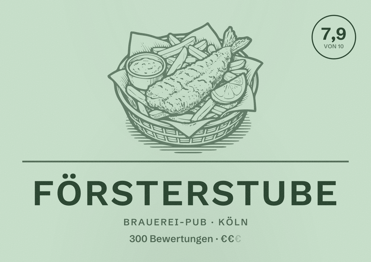 Illustriertes Poster von Försterstube, Brauerei-Pub in Köln: Bewertung 7,9 von 10 aus 300 Bewertungen, Preisniveau €€