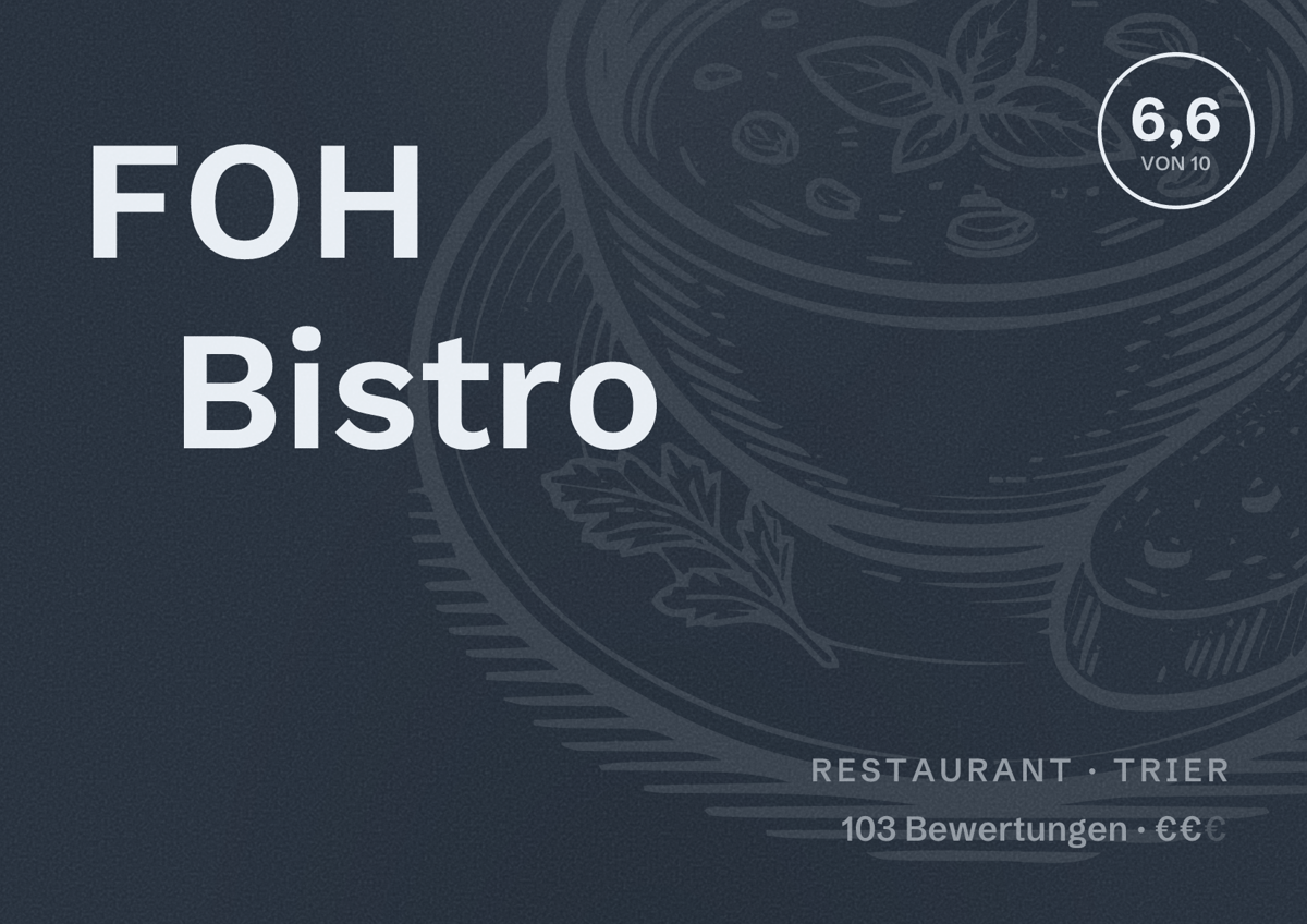Illustriertes Poster von FOH Bistro, Restaurant in Trier: Bewertung 6,6 von 10 aus 103 Bewertungen, Preisniveau €€