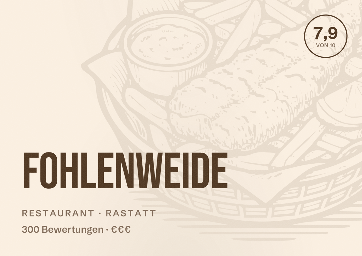 Illustriertes Poster von Fohlenweide, Restaurant in Rastatt: Bewertung 7,9 von 10 aus 300 Bewertungen, Preisniveau €€€