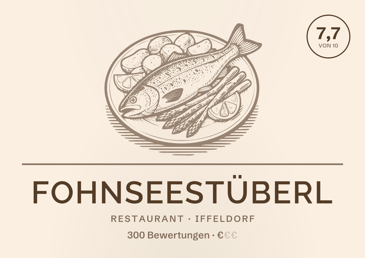Illustriertes Poster von Fohnseestüberl, Restaurant in Iffeldorf: Bewertung 7,7 von 10 aus 300 Bewertungen, Preisniveau €