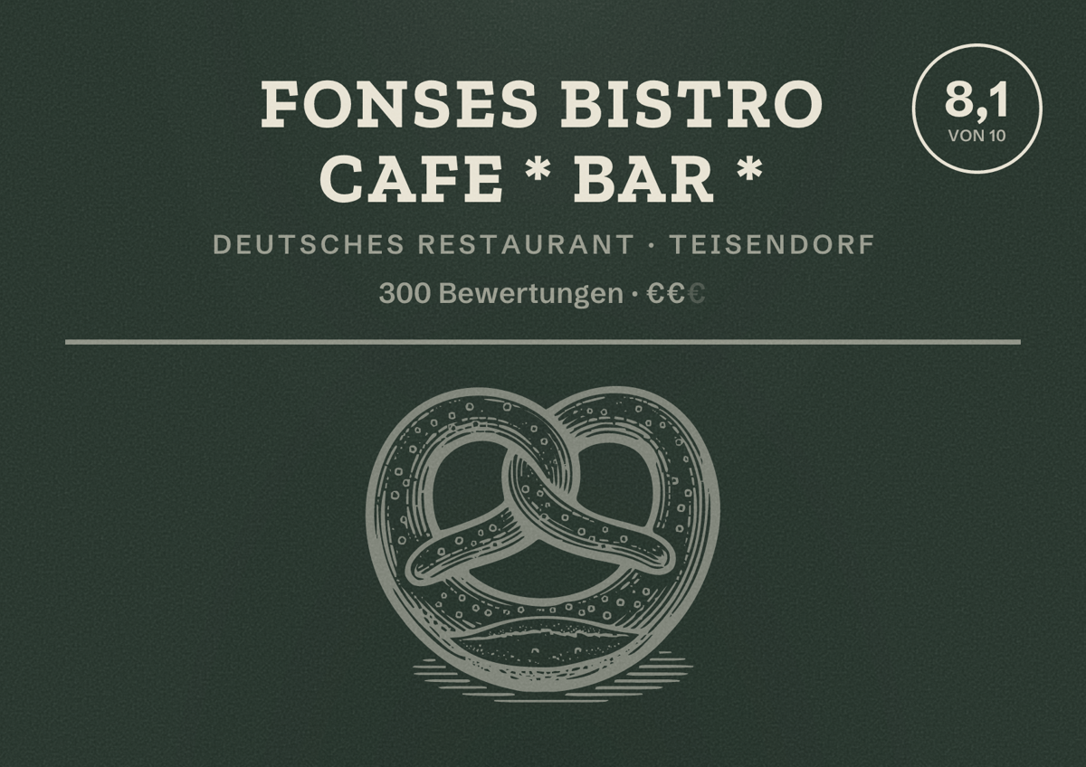 Illustriertes Poster von Fonses Bistro Cafe * Bar *, Deutsches Restaurant in Teisendorf: Bewertung 8,1 von 10 aus 300 Bewertungen, Preisniveau €€