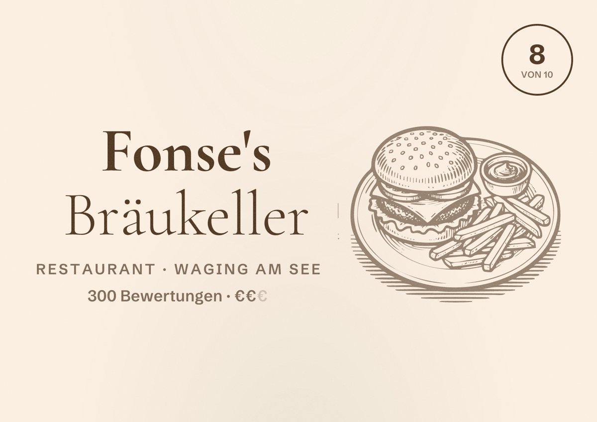 Illustriertes Poster von Fonse's Bräukeller, Restaurant in Waging am See: Bewertung 8 von 10 aus 300 Bewertungen, Preisniveau €€