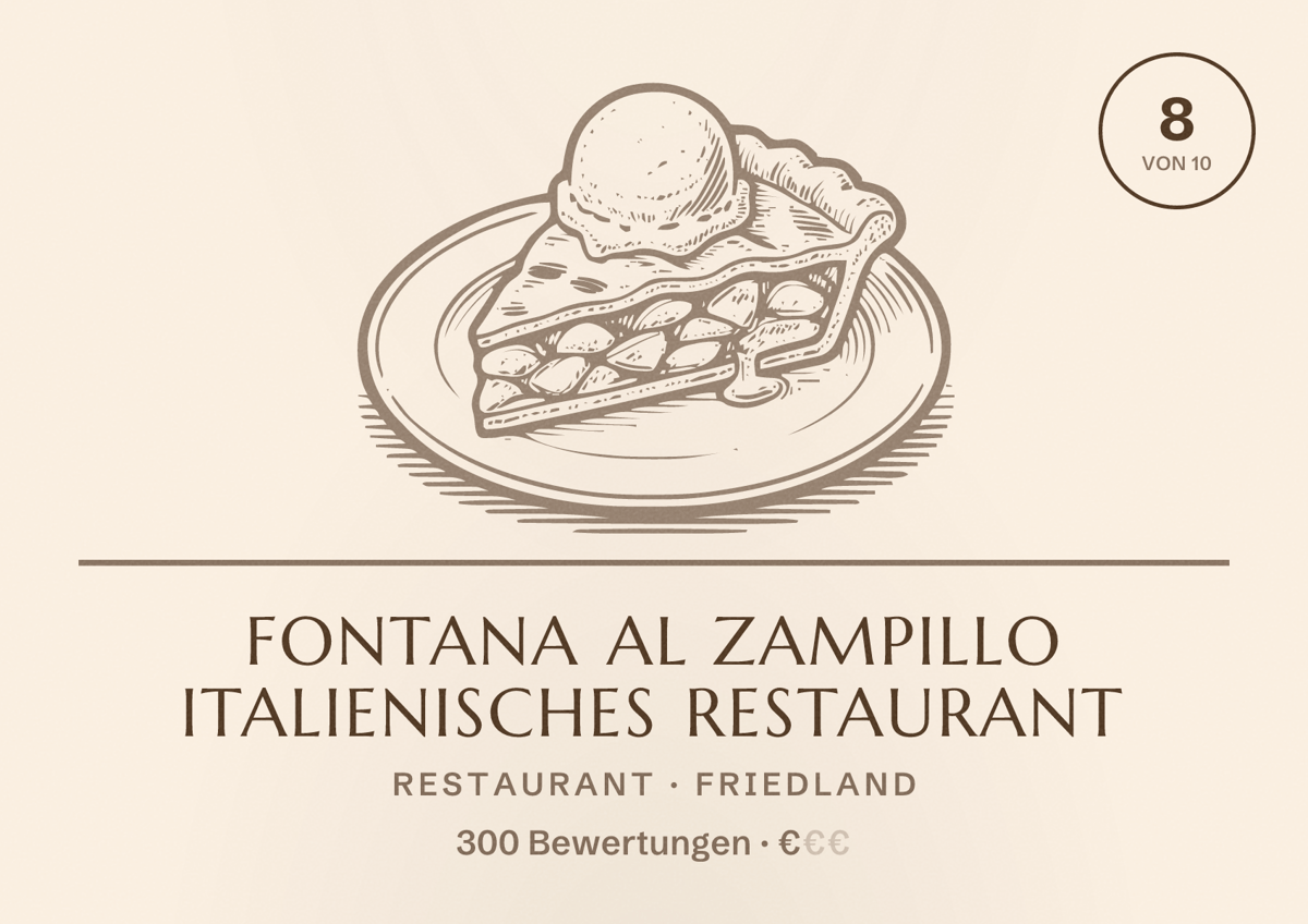 Illustriertes Poster von Fontana al Zampillo italienisches Restaurant, Restaurant in Friedland: Bewertung 8 von 10 aus 300 Bewertungen, Preisniveau €