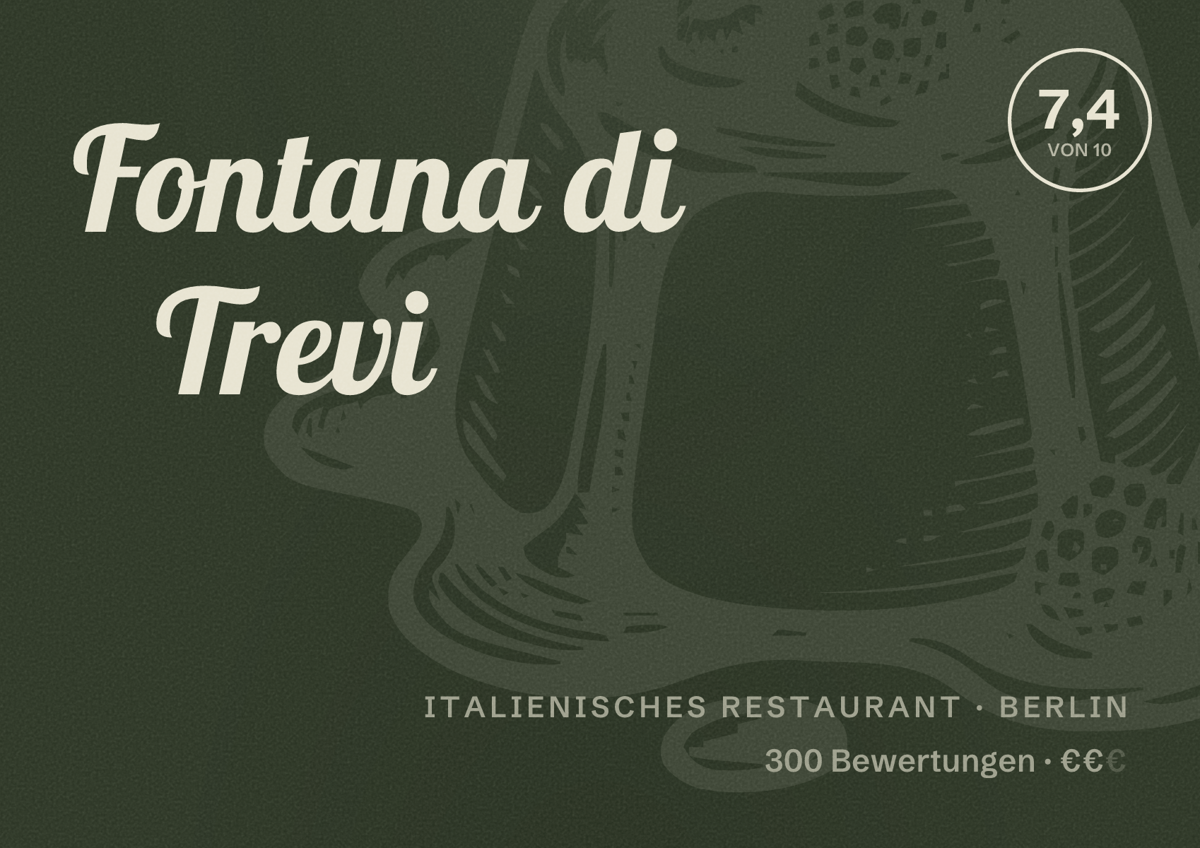 Illustriertes Poster von Fontana di Trevi, Italienisches Restaurant in Berlin: Bewertung 7,4 von 10 aus 300 Bewertungen, Preisniveau €€