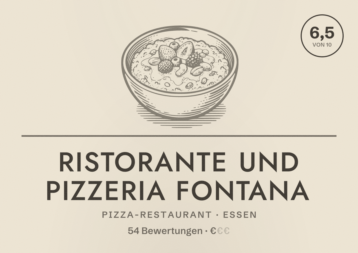 Illustriertes Poster von Ristorante und Pizzeria Fontana, Pizza-Restaurant in Essen: Bewertung 6,5 von 10 aus 54 Bewertungen, Preisniveau €