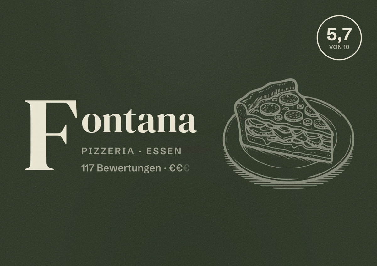 Illustriertes Poster von Fontana, Pizzeria in Essen: Bewertung 5,7 von 10 aus 117 Bewertungen, Preisniveau €€