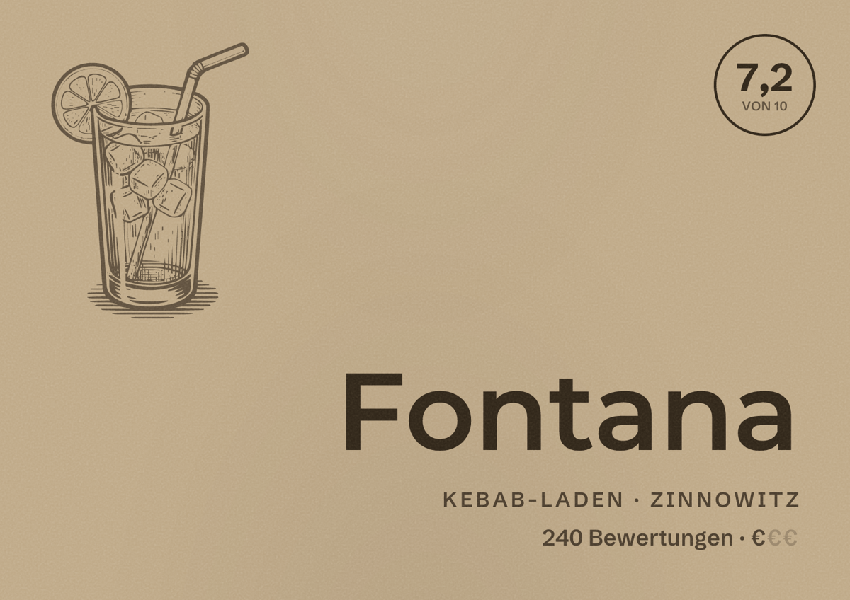 Illustriertes Poster von Fontana, Kebab-Laden in Zinnowitz: Bewertung 7,2 von 10 aus 240 Bewertungen, Preisniveau €