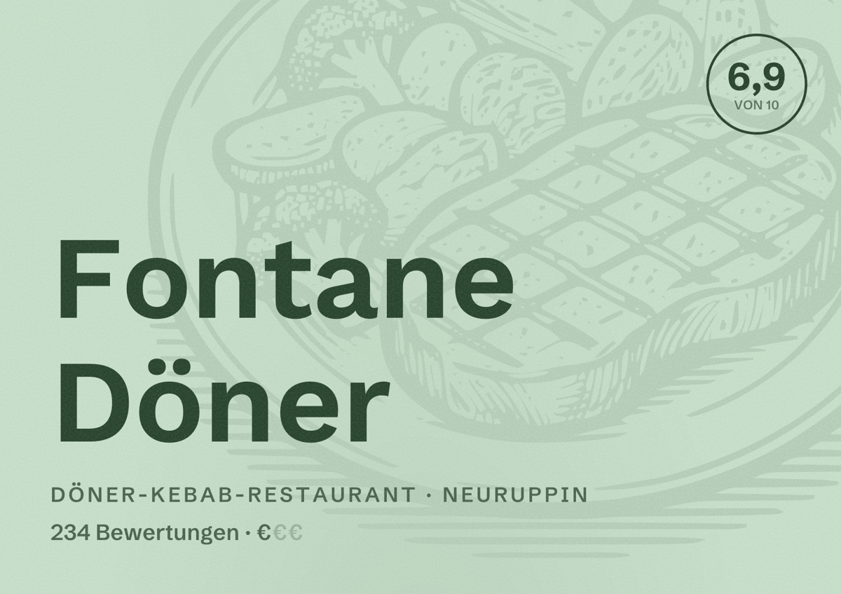 Illustriertes Poster von Fontane Döner, Döner-Kebab-Restaurant in Neuruppin: Bewertung 6,9 von 10 aus 234 Bewertungen, Preisniveau €