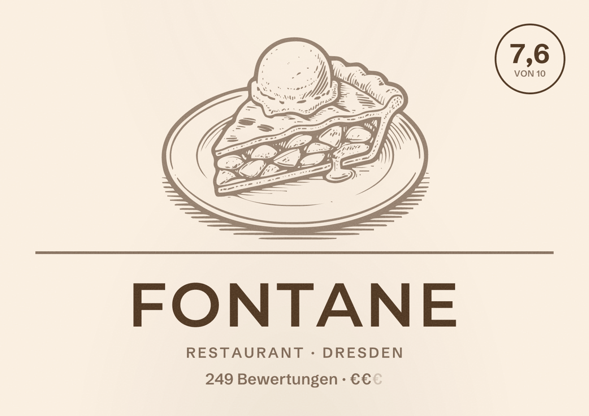 Illustriertes Poster von Fontane, Restaurant in Dresden: Bewertung 7,6 von 10 aus 249 Bewertungen, Preisniveau €€