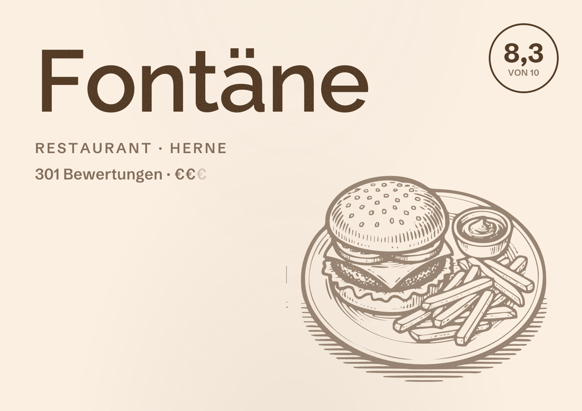 Illustriertes Poster von Fontäne, Restaurant in Herne: Bewertung 8,3 von 10 aus 301 Bewertungen, Preisniveau €€