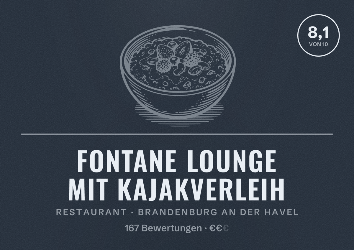 Illustriertes Poster von Fontane Lounge mit Kajakverleih, Restaurant in Brandenburg an der Havel: Bewertung 8,1 von 10 aus 167 Bewertungen, Preisniveau €€