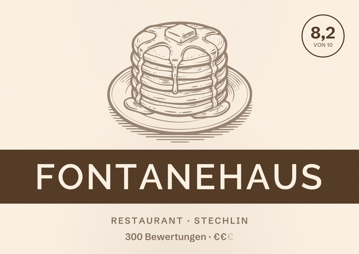 Illustriertes Poster von Fontanehaus, Restaurant in Stechlin: Bewertung 8,2 von 10 aus 300 Bewertungen, Preisniveau €€