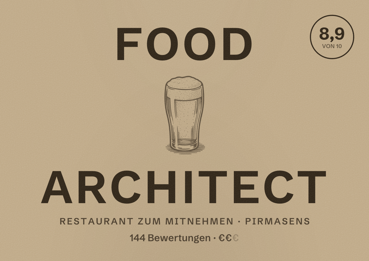 Illustriertes Poster von FOOD ARCHITECT, Restaurant zum Mitnehmen in Pirmasens: Bewertung 8,9 von 10 aus 144 Bewertungen, Preisniveau €€