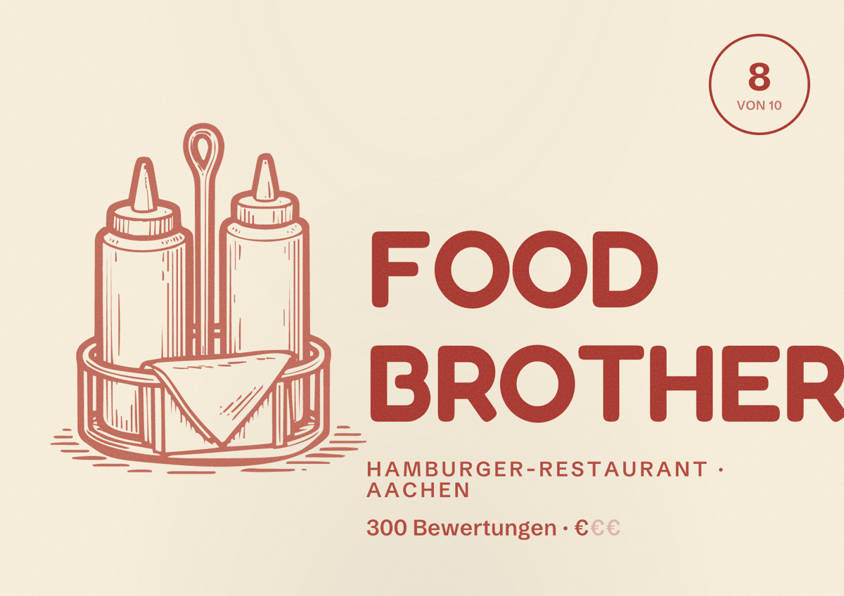Illustriertes Poster von FOOD BROTHER, Hamburger-Restaurant in Aachen: Bewertung 8,0 von 10 aus 300 Bewertungen, Preisniveau €