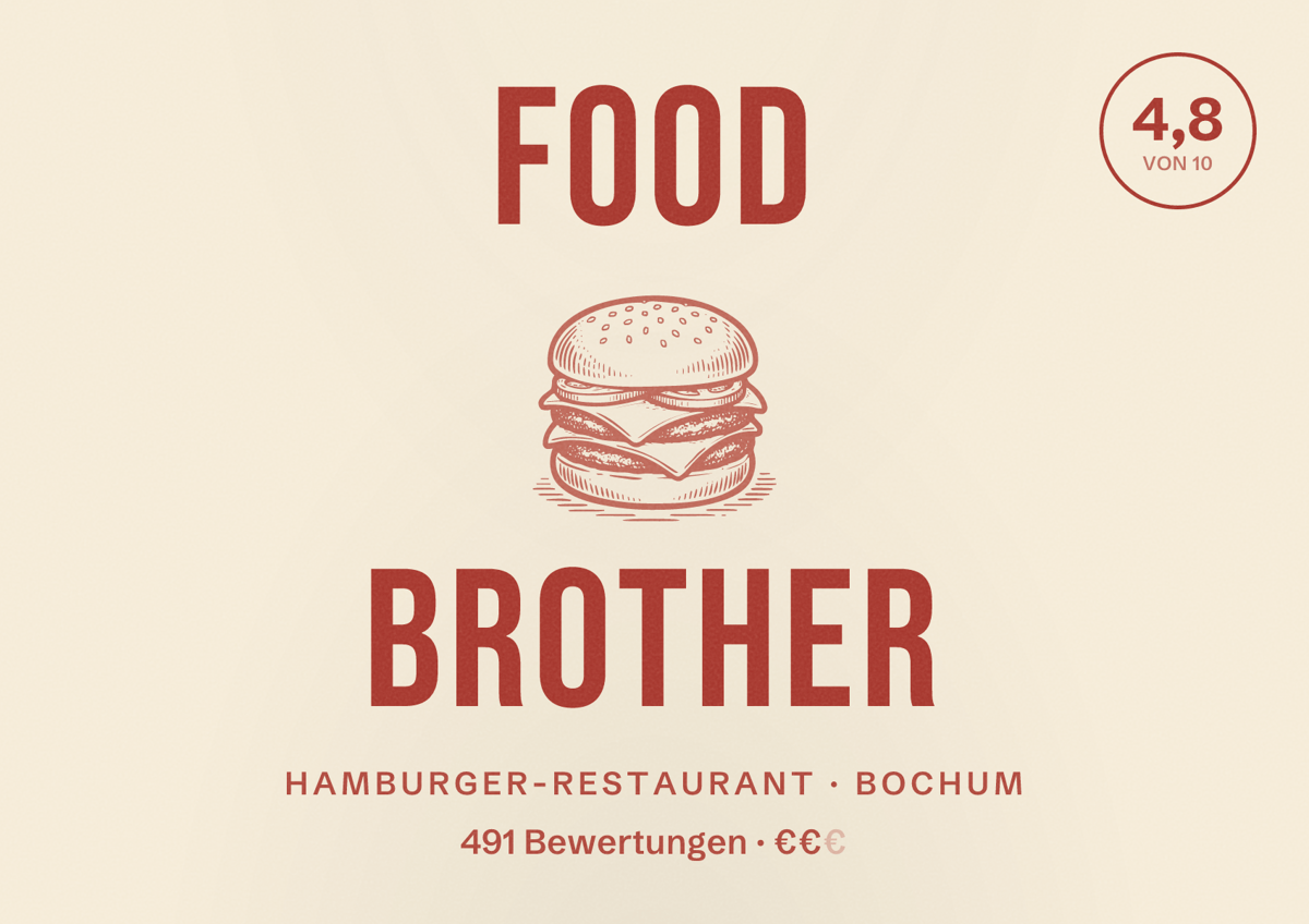 Illustriertes Poster von FOOD BROTHER, Hamburger-Restaurant in Bochum: Bewertung 4,8 von 10 aus 491 Bewertungen, Preisniveau €€