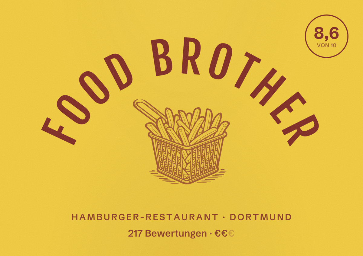 Illustriertes Poster von FOOD BROTHER, Hamburger-Restaurant in Dortmund: Bewertung 8,6 von 10 aus 217 Bewertungen, Preisniveau €€