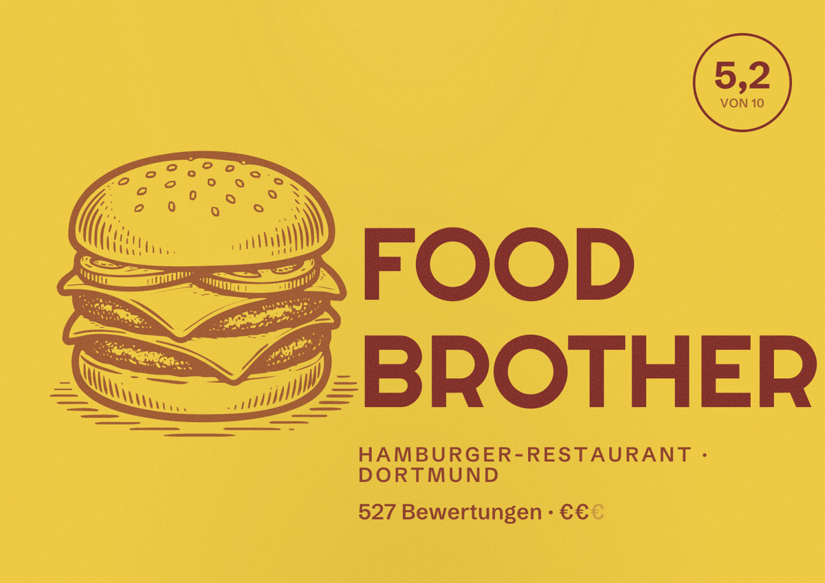 Illustriertes Poster von FOOD BROTHER, Hamburger-Restaurant in Dortmund: Bewertung 5,2 von 10 aus 527 Bewertungen, Preisniveau €€