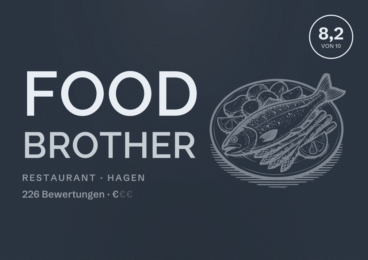 Illustriertes Poster von FOOD BROTHER, Restaurant in Hagen: Bewertung 8,2 von 10 aus 226 Bewertungen, Preisniveau €