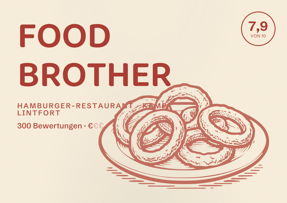 Illustriertes Poster von FOOD BROTHER, Hamburger-Restaurant in Kamp-Lintfort: Bewertung 7,9 von 10 aus 300 Bewertungen, Preisniveau €