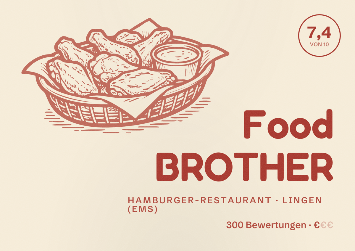 Illustriertes Poster von Food BROTHER, Hamburger-Restaurant in Lingen (Ems): Bewertung 7,4 von 10 aus 300 Bewertungen, Preisniveau €