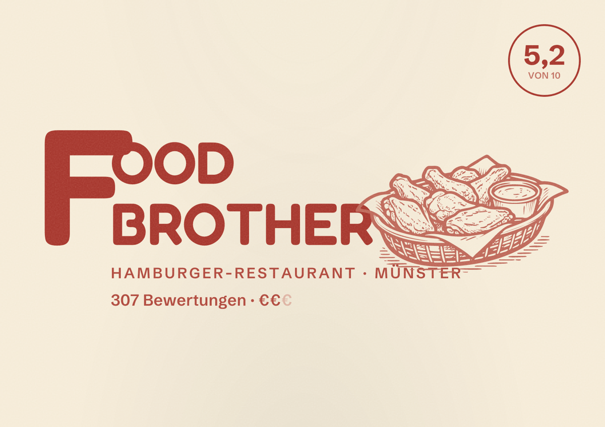 Illustriertes Poster von FOOD BROTHER, Hamburger-Restaurant in Münster: Bewertung 5,2 von 10 aus 307 Bewertungen, Preisniveau €€