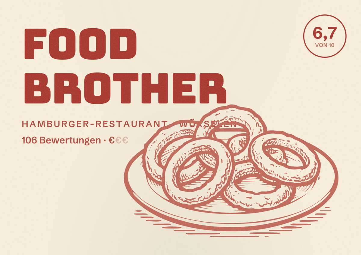 Illustriertes Poster von FOOD BROTHER, Hamburger-Restaurant in Würselen: Bewertung 6,7 von 10 aus 106 Bewertungen, Preisniveau €