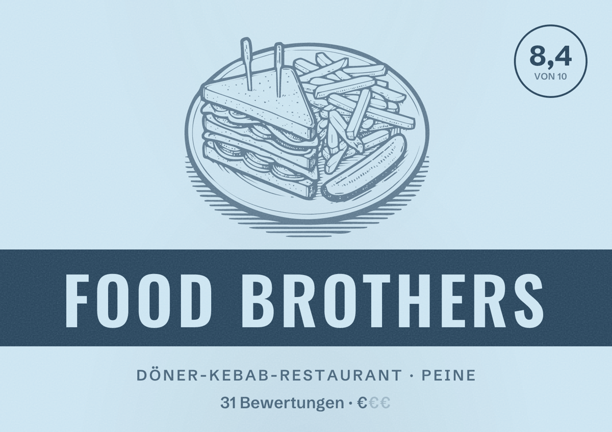Illustriertes Poster von Food Brothers, Döner-Kebab-Restaurant in Peine: Bewertung 8,4 von 10 aus 31 Bewertungen, Preisniveau €