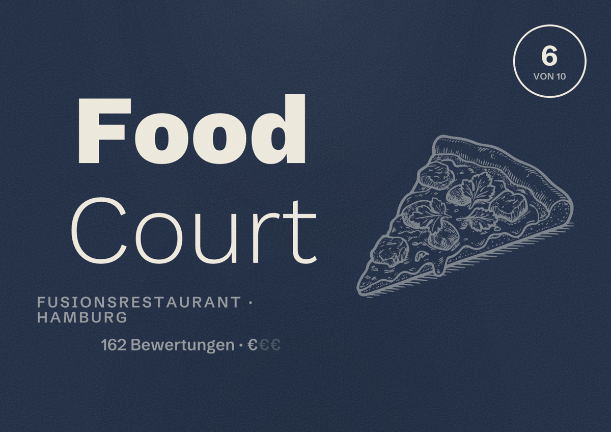Illustriertes Poster von Food Court, Fusionsrestaurant in Hamburg: Bewertung 6,0 von 10 aus 162 Bewertungen, Preisniveau €
