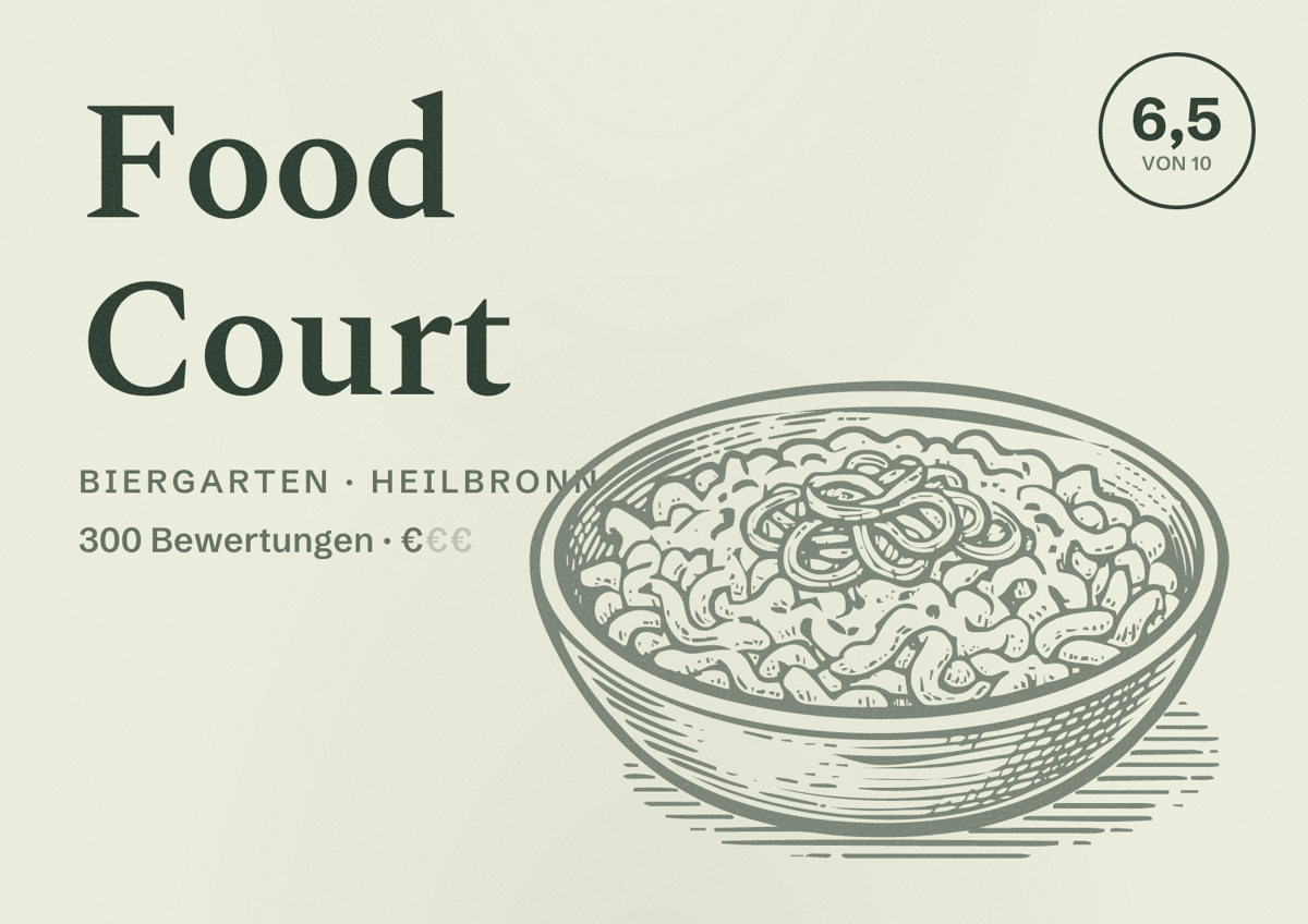 Illustriertes Poster von Food Court, Biergarten in Heilbronn: Bewertung 6,5 von 10 aus 300 Bewertungen, Preisniveau €