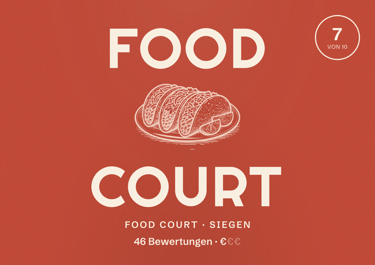 Illustriertes Poster von Food Court, Food Court in Siegen: Bewertung 7 von 10 aus 46 Bewertungen, Preisniveau €
