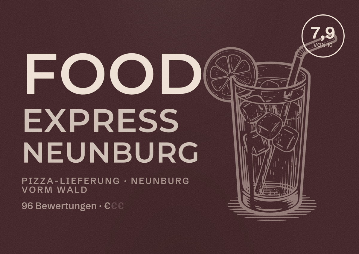 Illustriertes Poster von Food Express Neunburg, Pizza-Lieferung in Neunburg vorm Wald: Bewertung 7,9 von 10 aus 96 Bewertungen, Preisniveau €