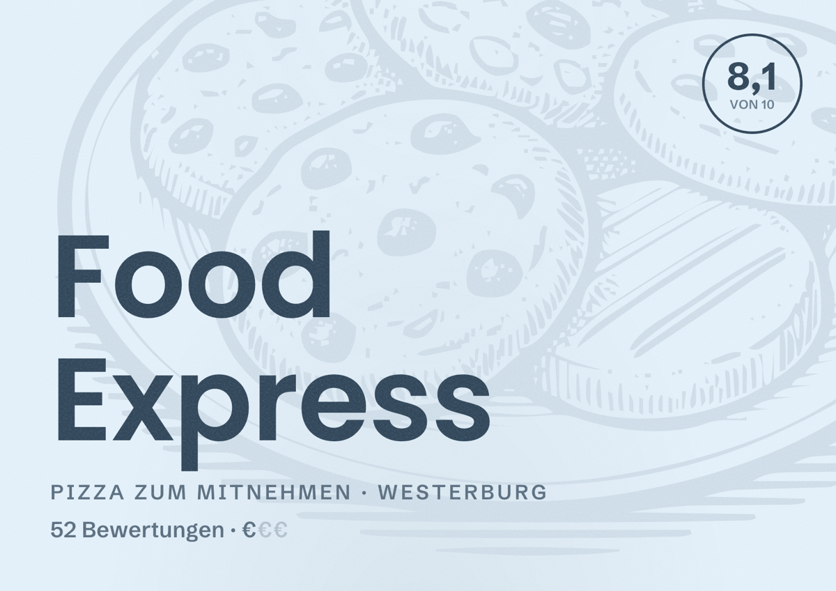Illustriertes Poster von Food Express, Pizza zum Mitnehmen in Westerburg: Bewertung 8,1 von 10 aus 52 Bewertungen, Preisniveau €